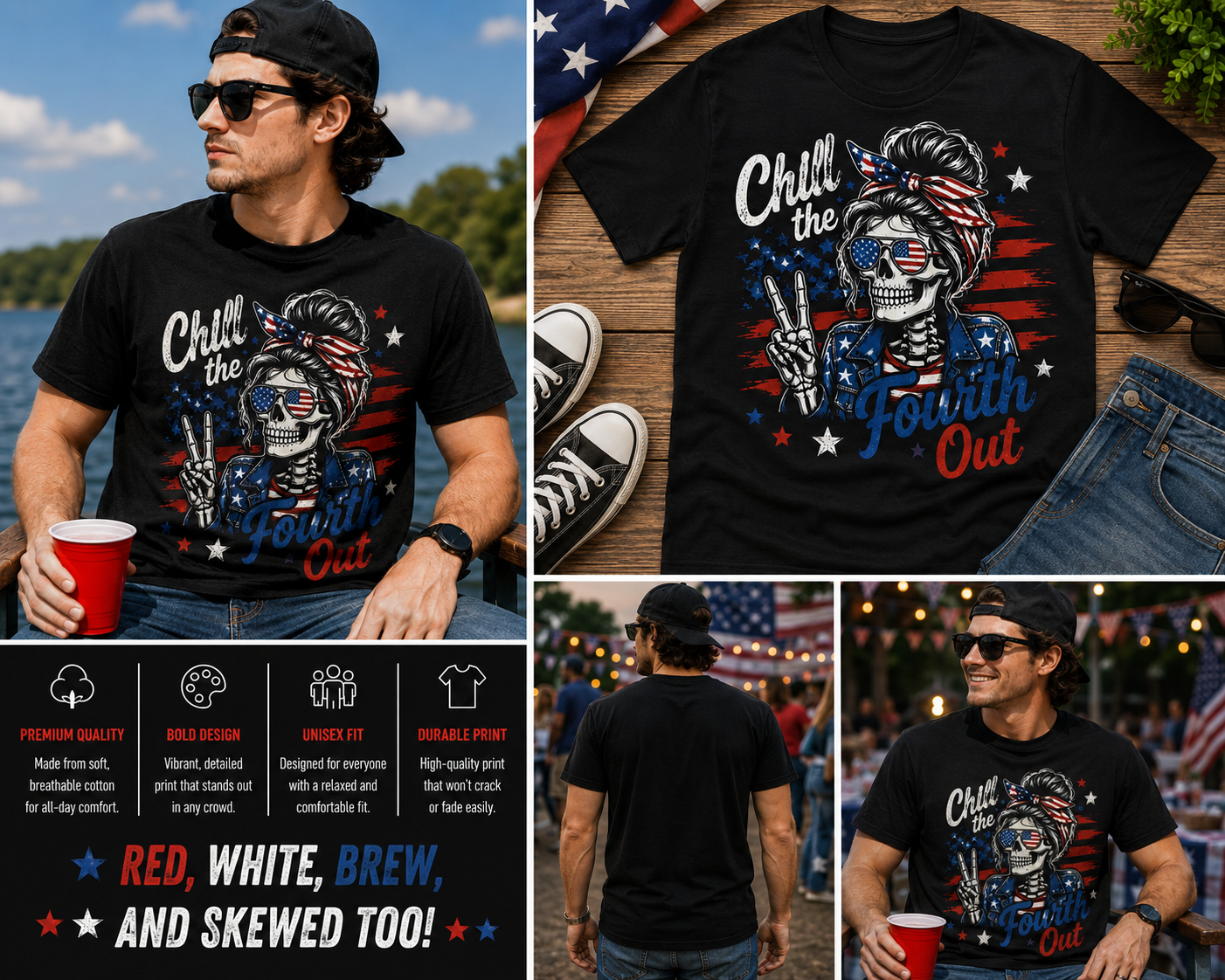 Chill the Fourth Out Shirt – Funny Patriotic Skeleton Peace Sign Tee, 4th of July USA Graphic T-Shirt