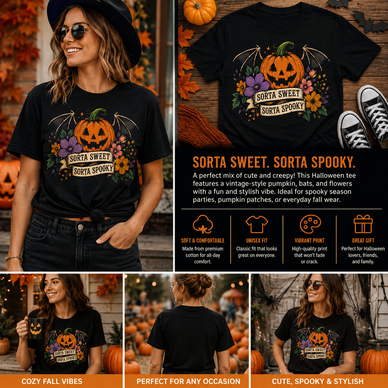 Sorta Sweet Sorta Spooky Halloween Pumpkin T-Shirt – Cute Floral Jack-O’-Lantern Graphic Tee