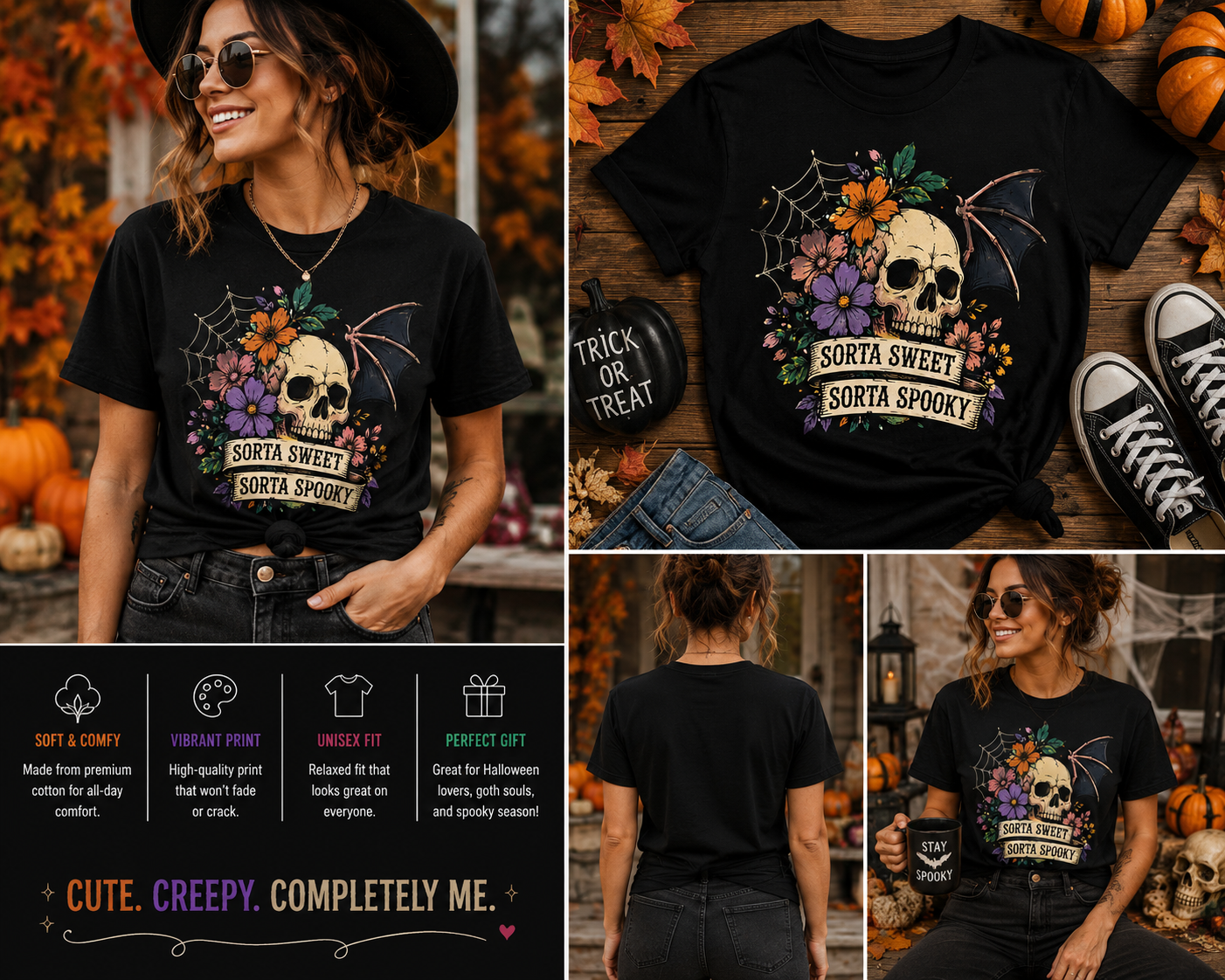Sorta Sweet Sorta Spooky Skull Halloween T-Shirt – Cute Floral Gothic Bat Graphic Tee