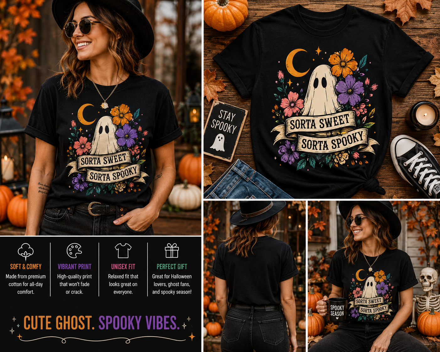 Sorta Sweet Sorta Spooky Ghost Halloween Shirt – Cute Floral Boho Ghost Graphic Tee