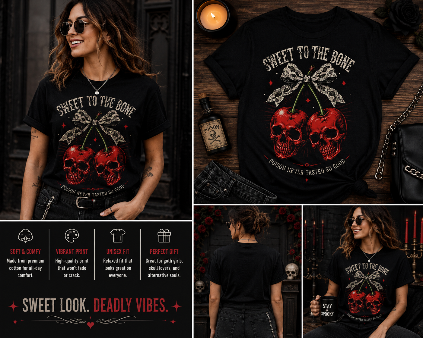Sweet to the Bone Gothic Cherry Skull Shirt – Coquette Goth Halloween Graphic Tee