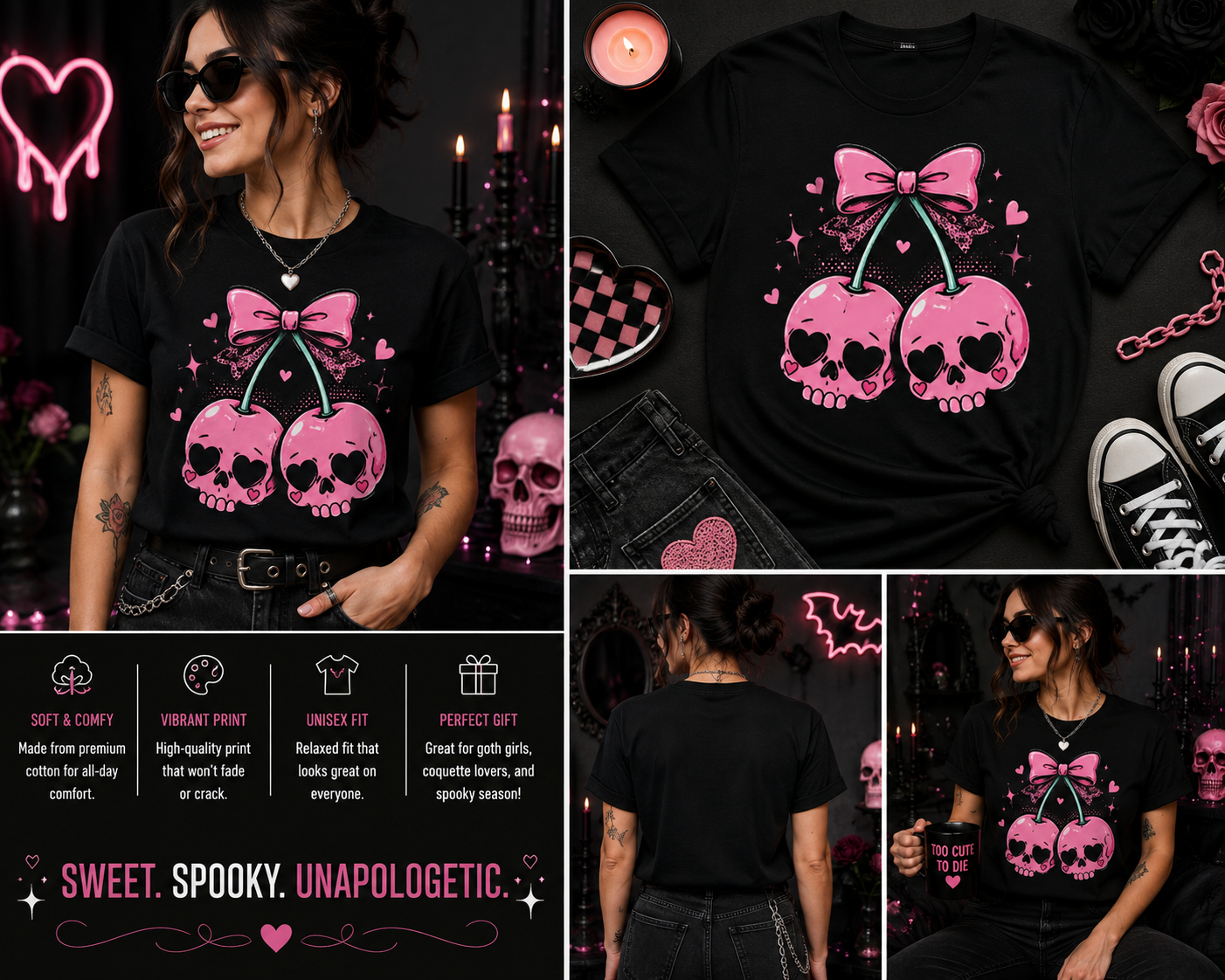 Pink Skull Cherry Coquette Shirt – Cute Goth Halloween Graphic Tee for Women