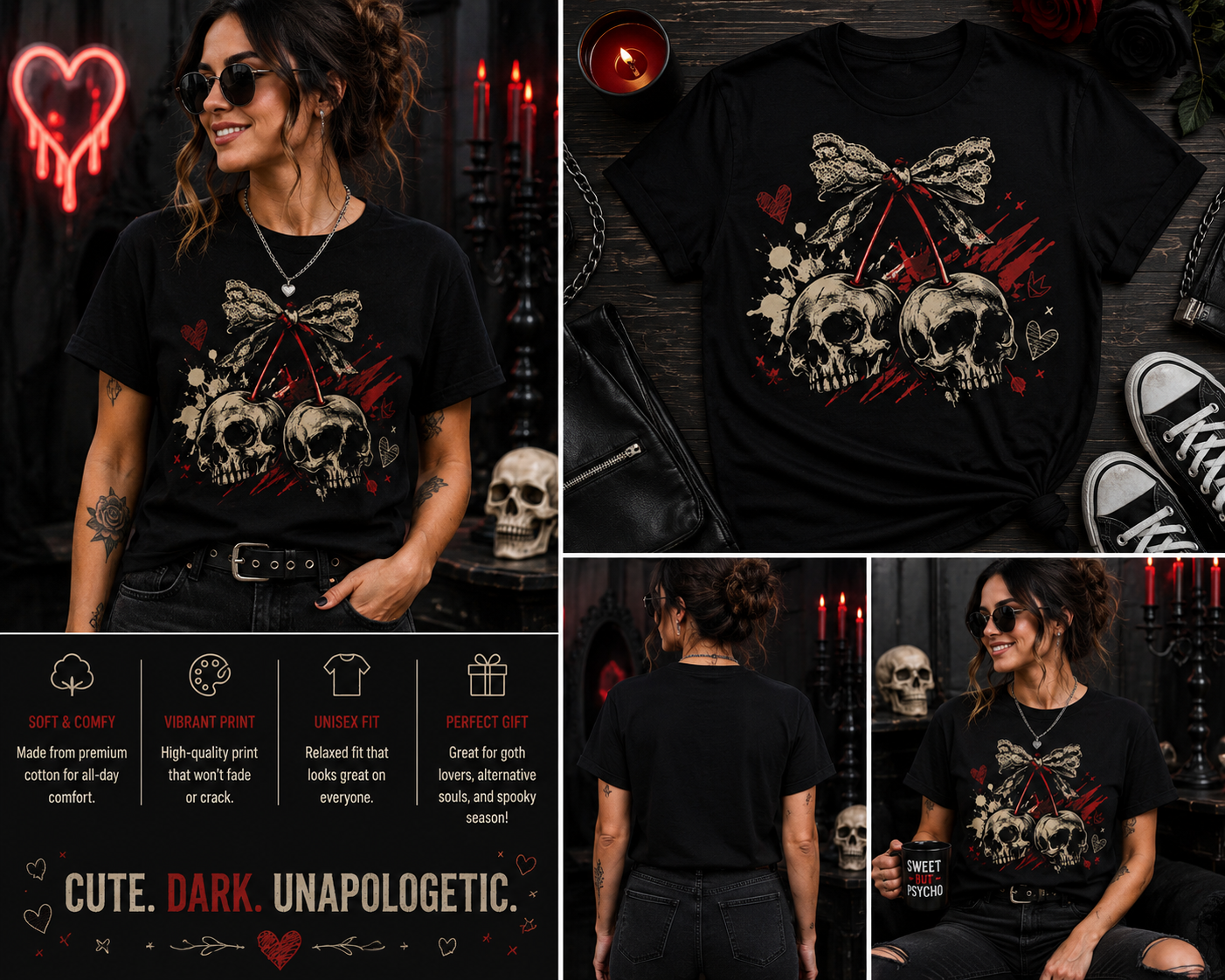 Coquette Skull Cherry Gothic T-Shirt – Dark Aesthetic Goth Graphic Tee for Women