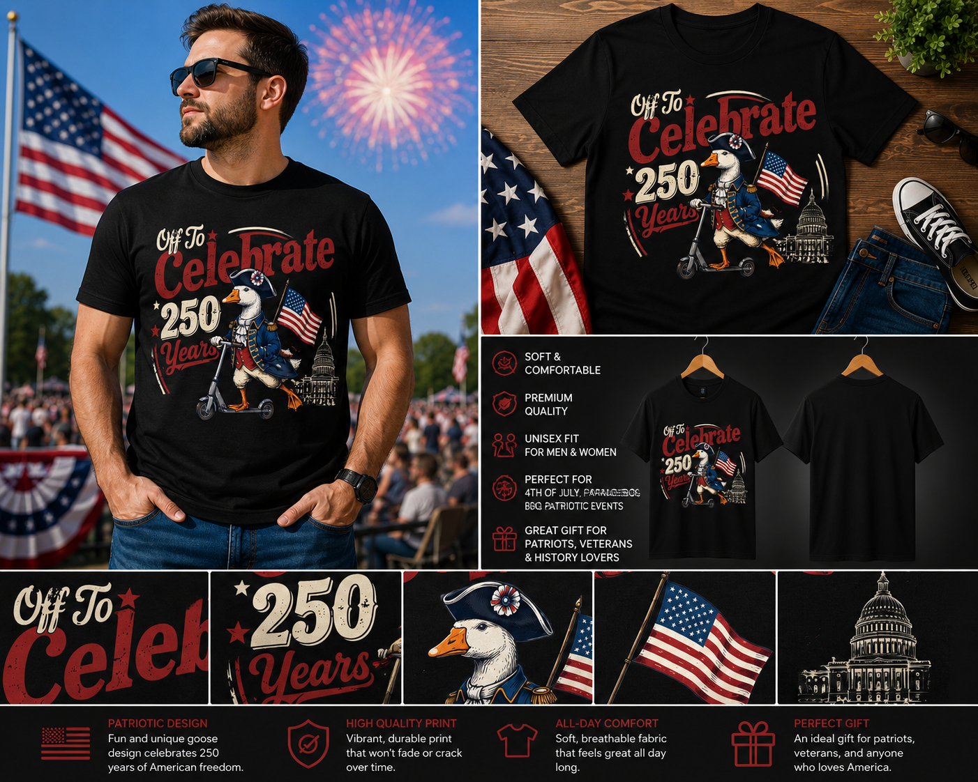 Off To Celebrate 250 Years T-Shirt – Funny Patriotic Goose USA 250th Anniversary Independence Day Tee