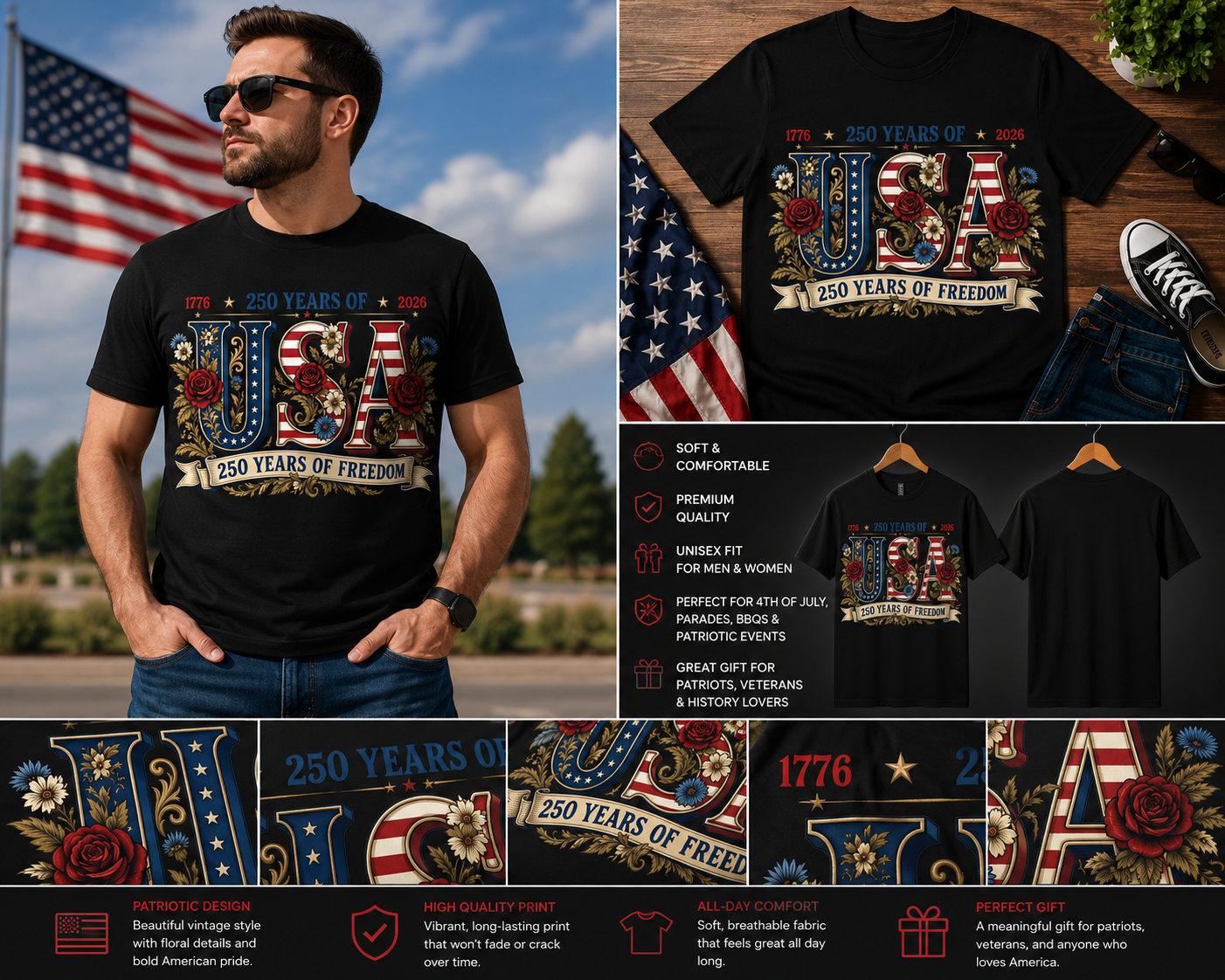 Retro USA 250 Years of Freedom T-Shirt – Patriotic Floral Independence Day 1776–2026 Anniversary Tee