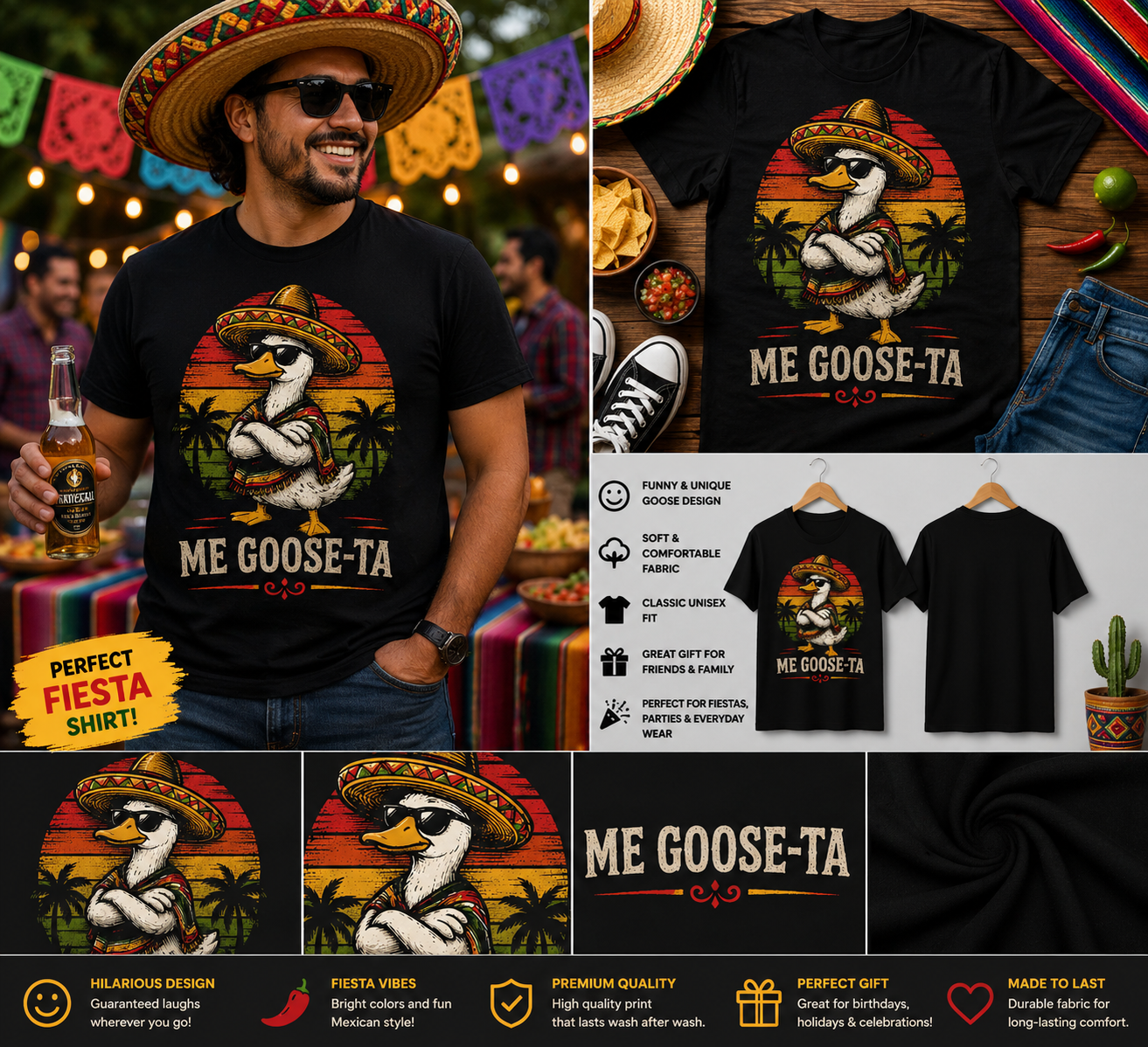 Me Goose-Ta Vintage Sunset Mexican Goose T-Shirt Funny Cinco de Mayo Fiesta Tee