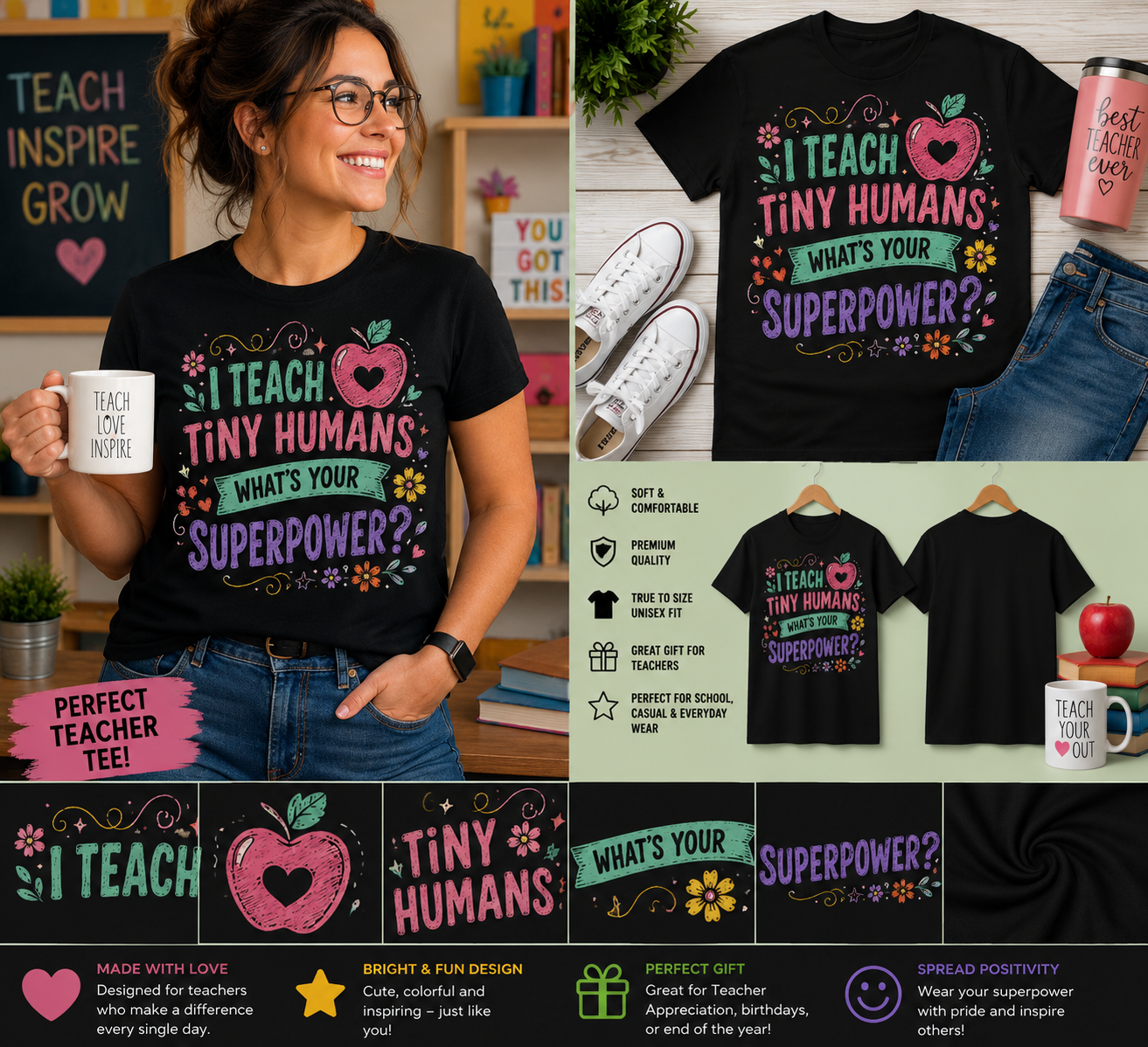 I Teach Tiny Humans What’s Your Superpower Teacher T-Shirt Funny Cute Teacher Appreciation Tee