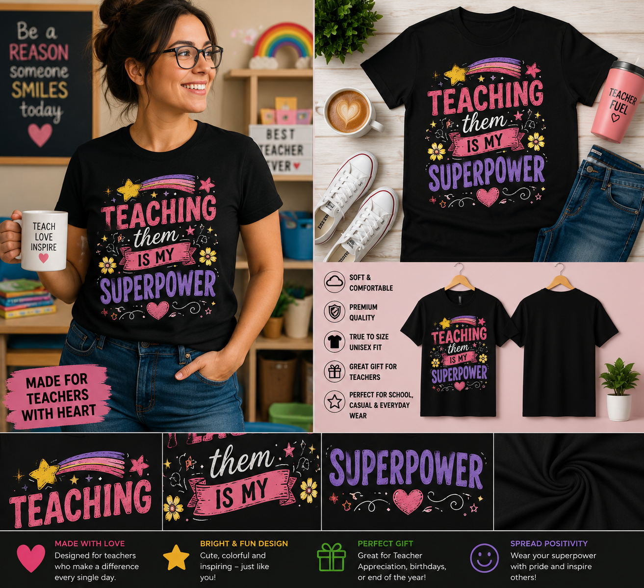 Teaching Them Is My Superpower Teacher T-Shirt Cute Inspirational Teacher Appreciation Tee