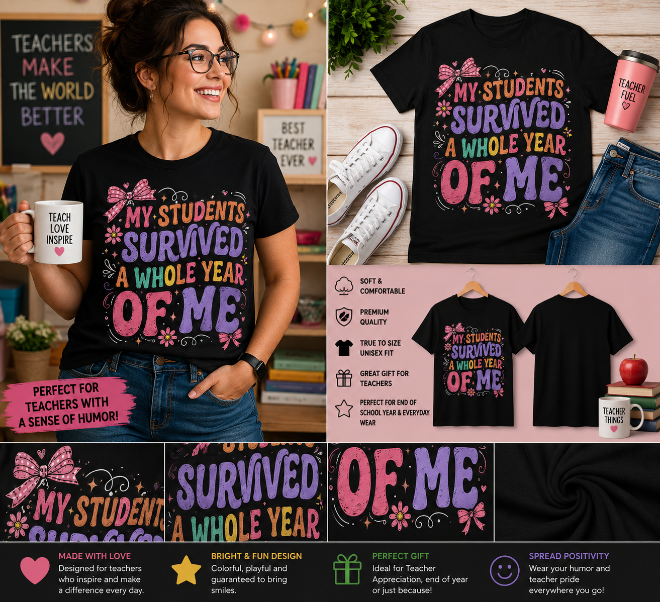 My Students Survived a Whole Year of Me Teacher T-Shirt – Cute Coquette Bow Teacher Appreciation Tee