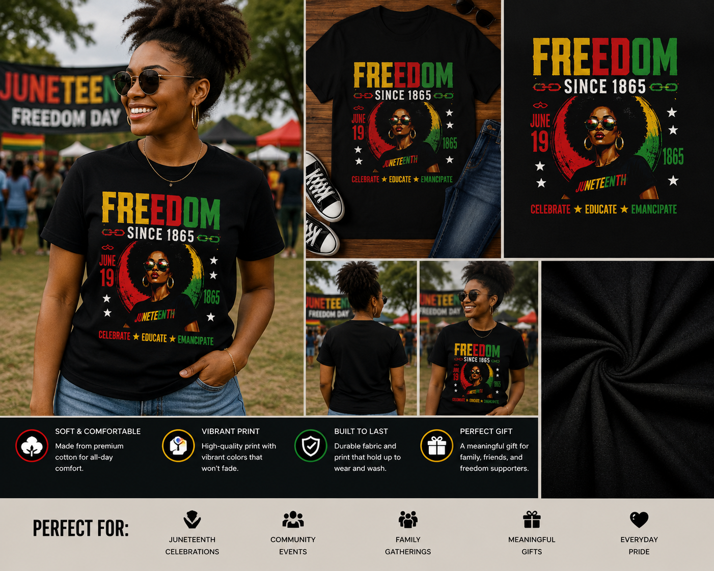 Juneteenth Freedom Since 1865 Black Woman T-Shirt – Celebrate Educate Emancipate Graphic Tee