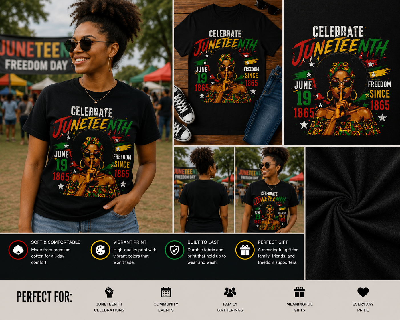 Celebrate Juneteenth Freedom Since 1865 Black Woman Graphic T-Shirt – June 19th Heritage Tee
