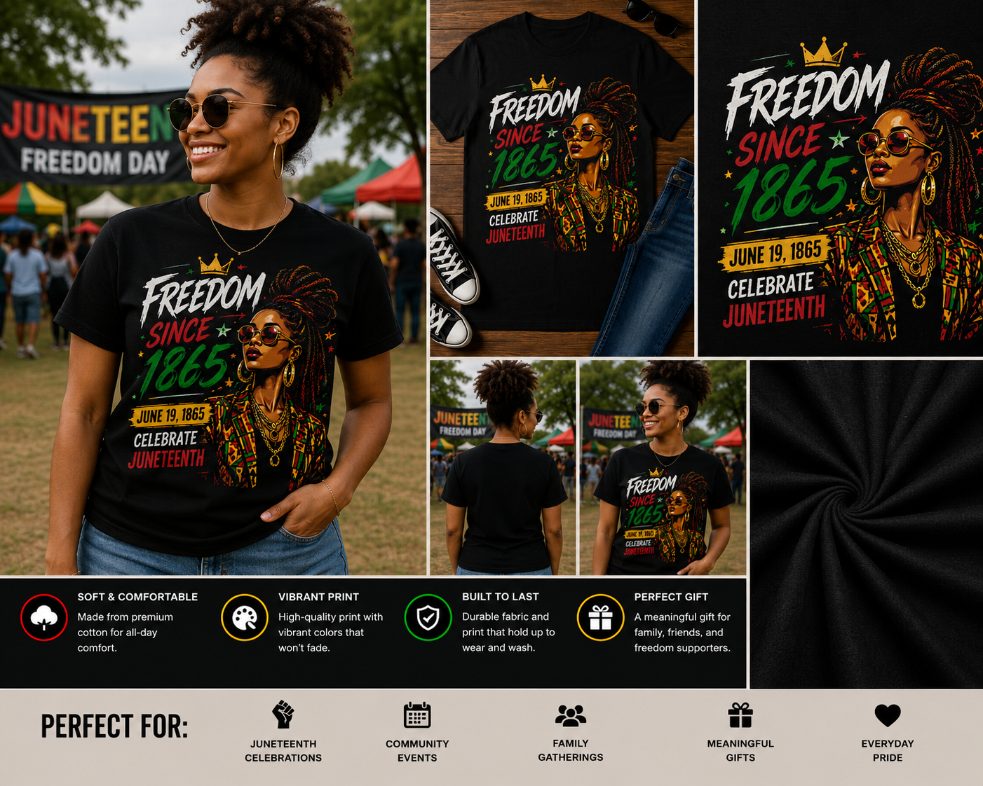 Freedom Since 1865 Juneteenth Black Woman T-Shirt – June 19 Freedom Day Graphic Tee