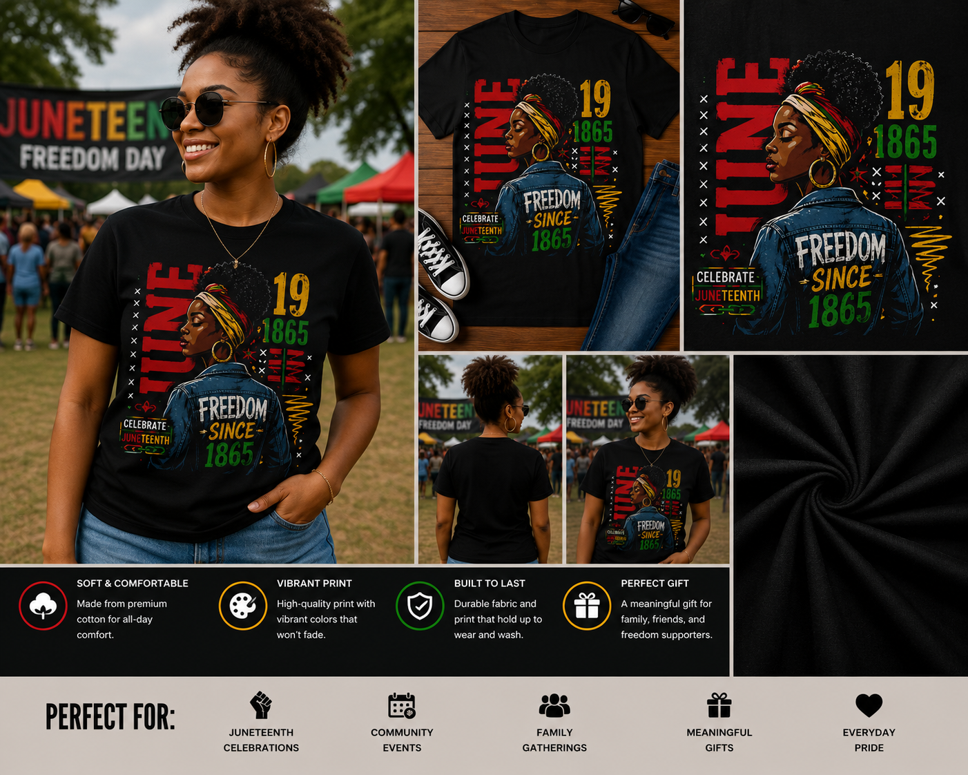 Juneteenth Freedom Since 1865 Black Woman Graphic T-Shirt – June 19th Freedom Day Heritage Tee