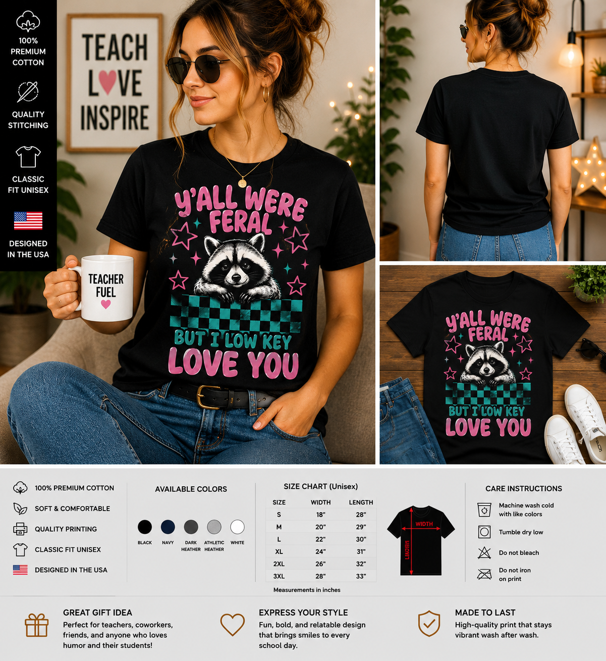 Y’all Were Feral But I Low Key Love You Retro Checkered Raccoon Teacher T-Shirt