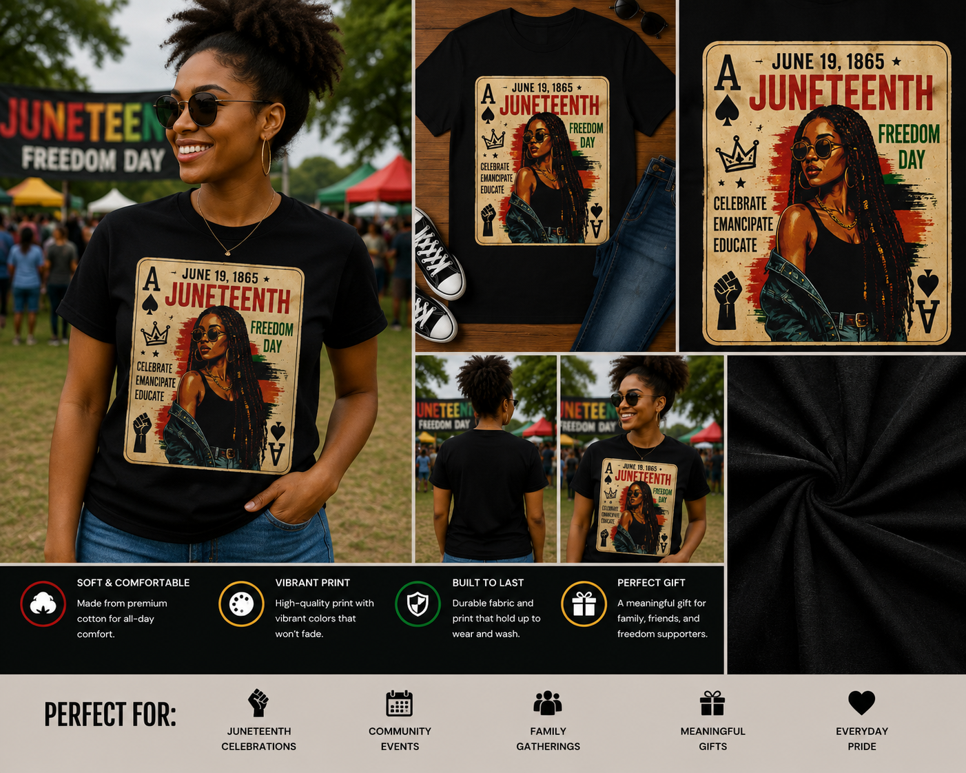 Juneteenth Freedom Day Playing Card Black Woman T-Shirt – June 19, 1865 Heritage Graphic Tee