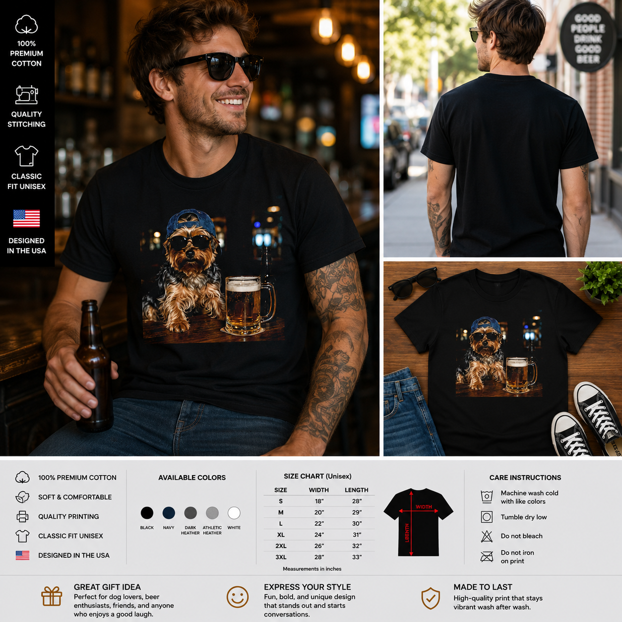 Funny Yorkie Drinking Beer T-Shirt – Cool Sunglasses Dog Meme Graphic Tee