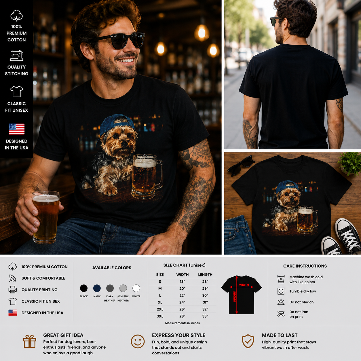 Funny Yorkie Beer Night T-Shirt – Cool Dog with Beer Graphic Novelty Tee