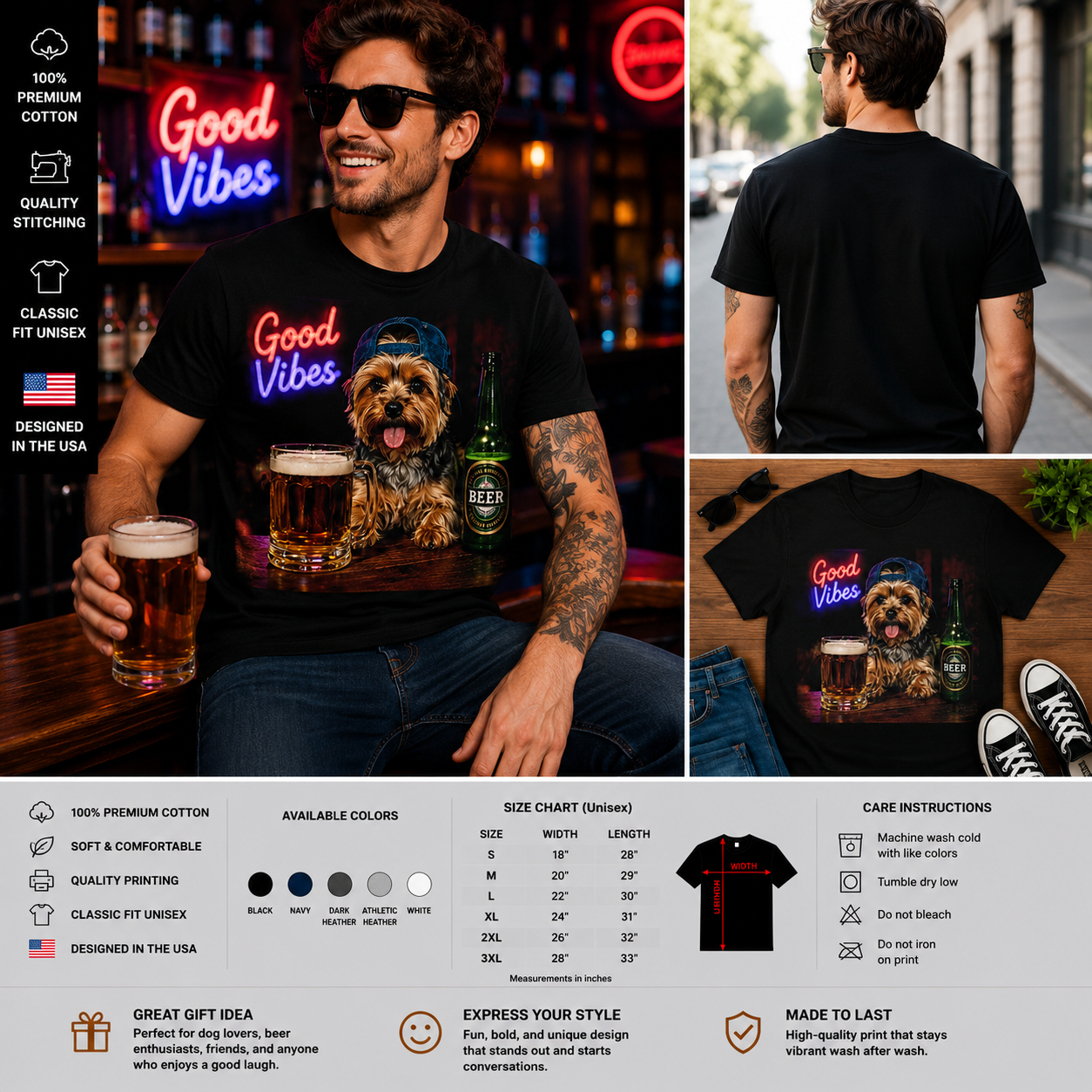 Good Vibes Yorkie Beer T-Shirt – Funny Drinking Dog Graphic Novelty Tee