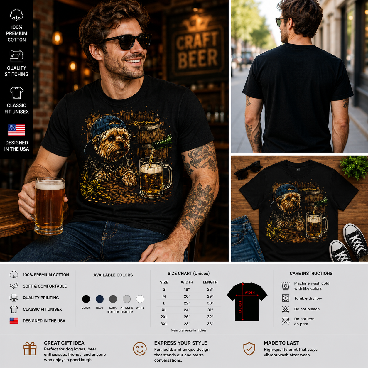 Vintage Yorkie Beer Lover T-Shirt – Funny Retro Dog Drinking Beer Graphic Tee
