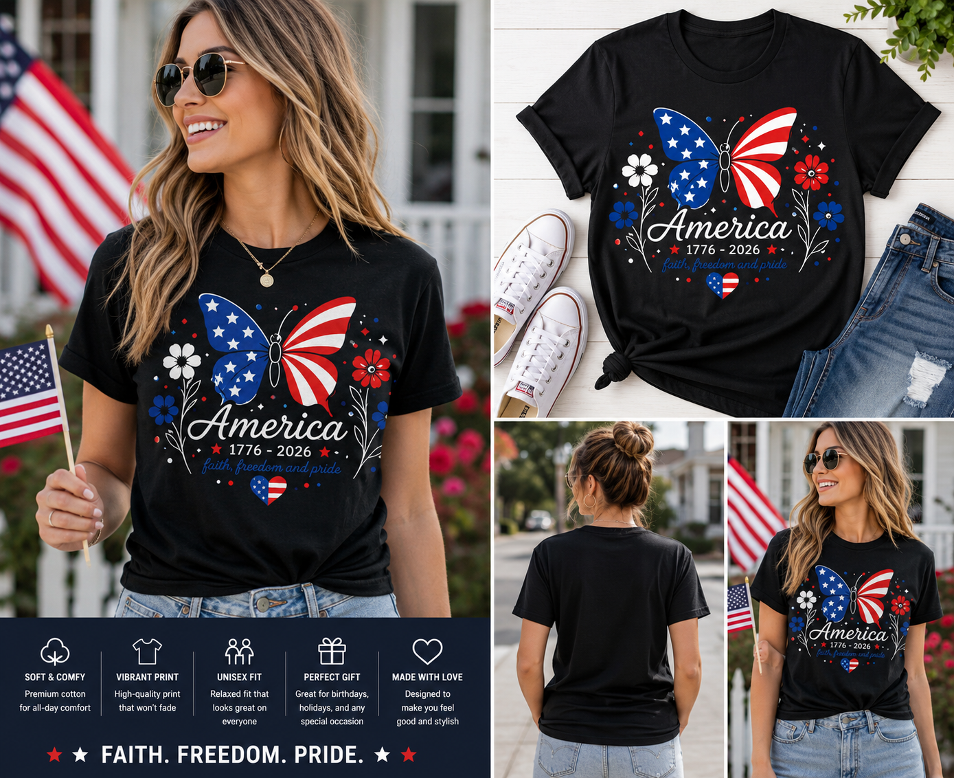 USA 250th Anniversary Butterfly Shirt, America 1776–2026 Patriotic Floral Tee, Retro 4th of July Freedom Graphic T-Shirt