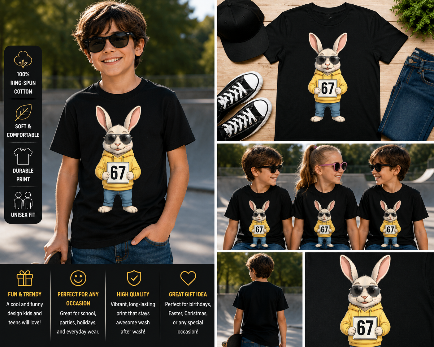 67 Six Seven Bunny T-Shirt for Kids – Funny Rabbit Graphic Tee with Sunglasses