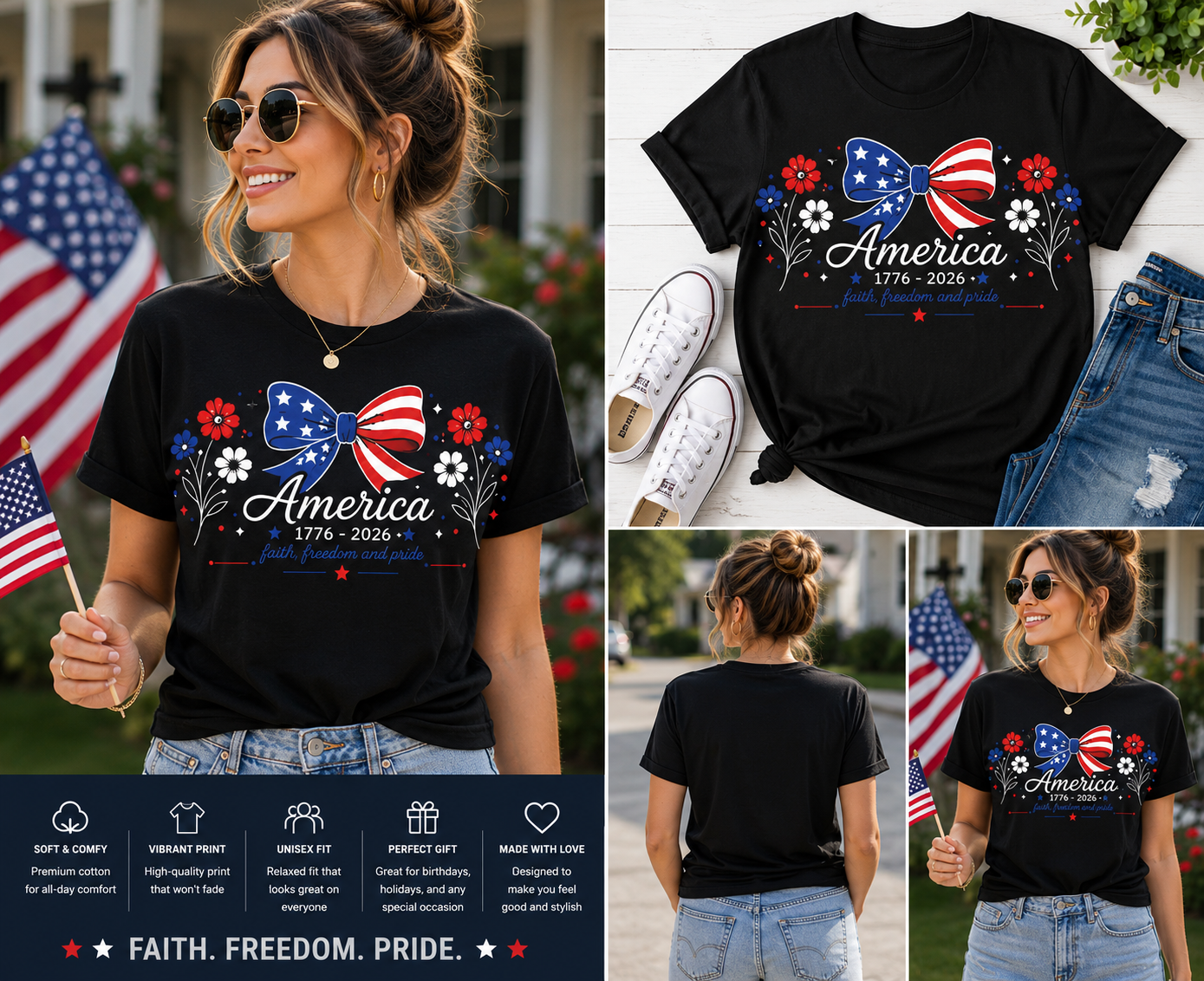 USA 250th Anniversary Bow Shirt, America 1776–2026 Patriotic Floral Tee, Retro 4th of July Freedom Graphic T-Shirt