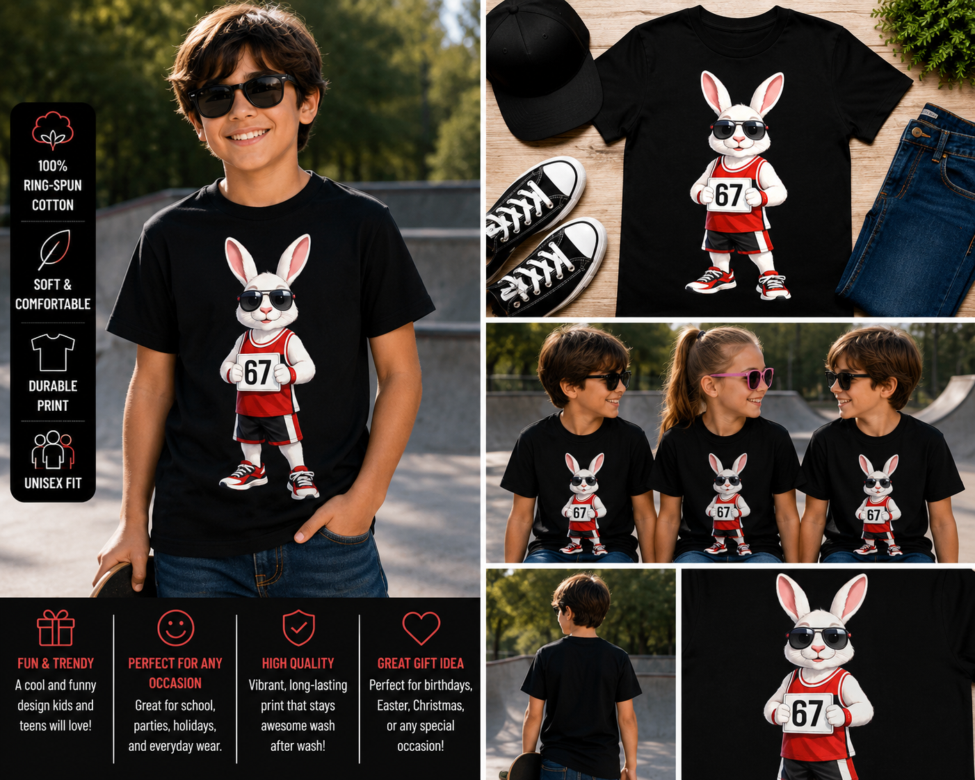 67 Six Seven Basketball Bunny T-Shirt – Funny Rabbit Sports Graphic Tee for Kids Boys Teens