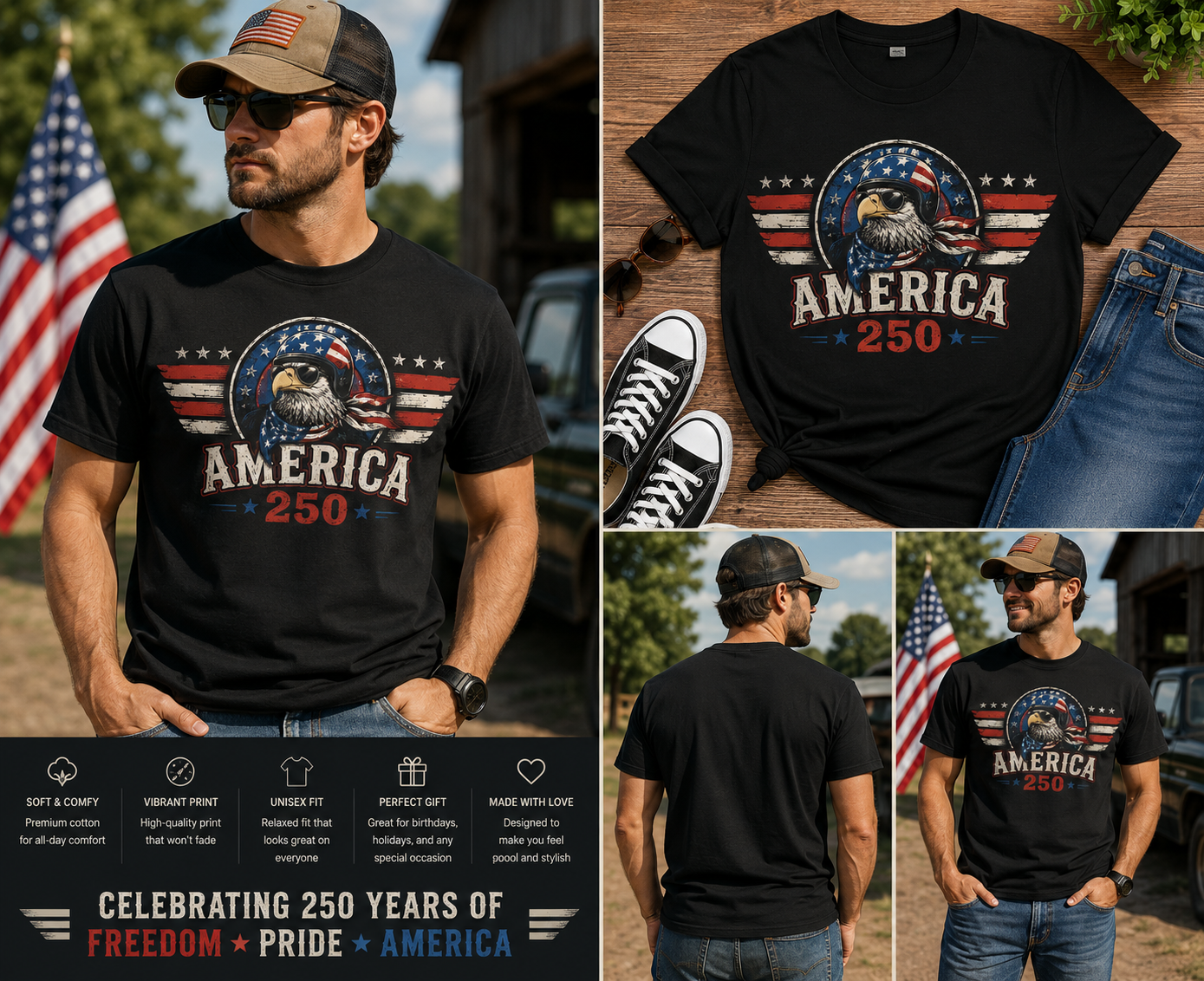 USA 250th Anniversary Eagle Shirt, America 250 Patriotic T-Shirt, Vintage 4th of July Graphic Tee for Men