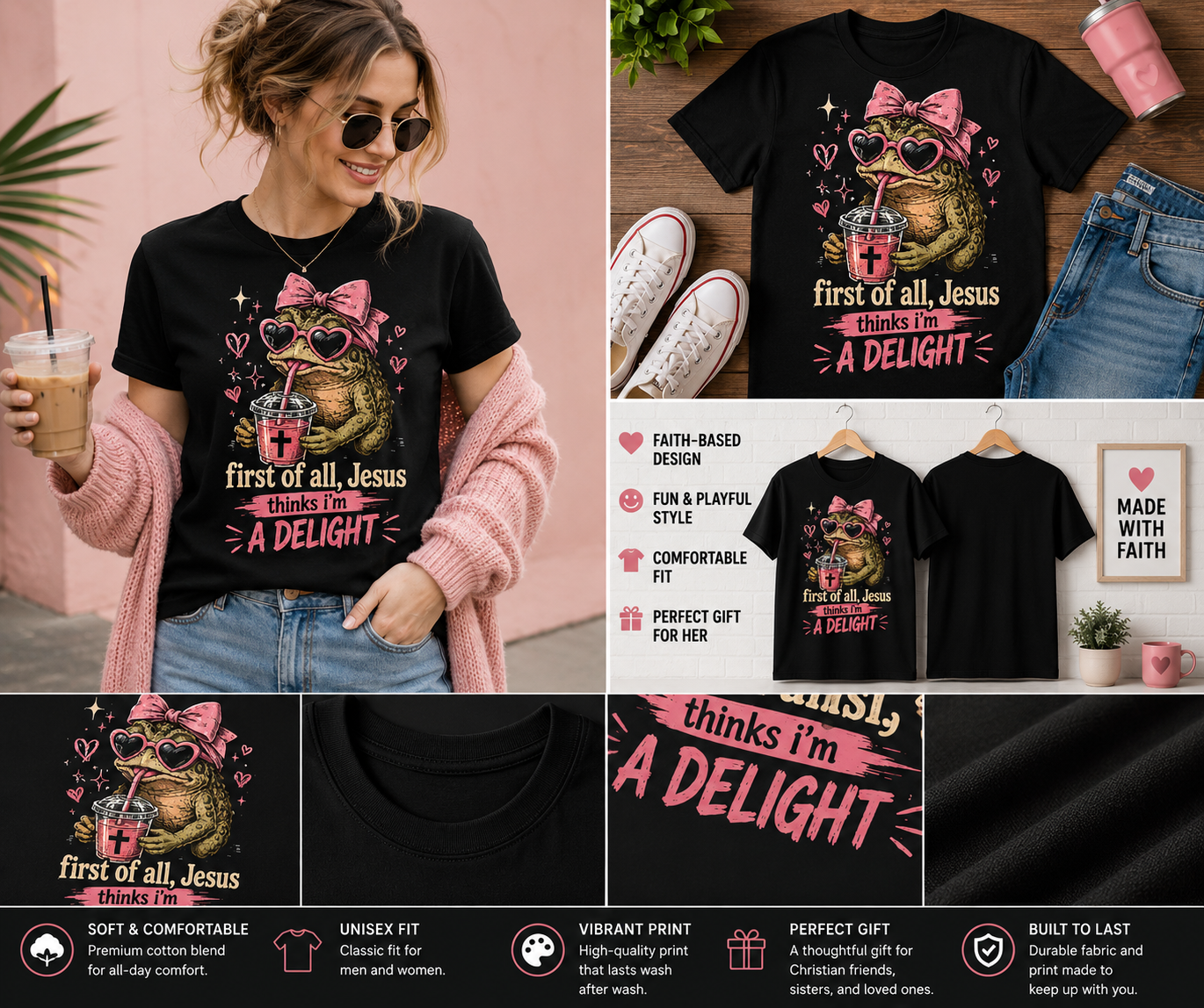 First of All Jesus Thinks I’m A Delight Funny Christian Frog T-Shirt – Cute Faith-Based Coffee Lover Tee