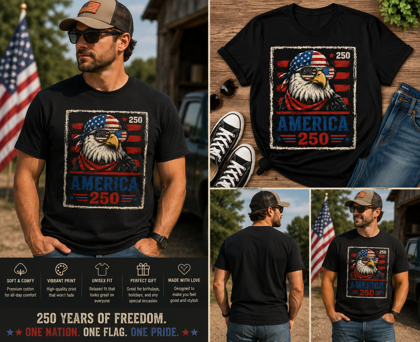 America 250 Patriotic Eagle T-Shirt – Vintage USA 250th Anniversary Shirt for Men & Women