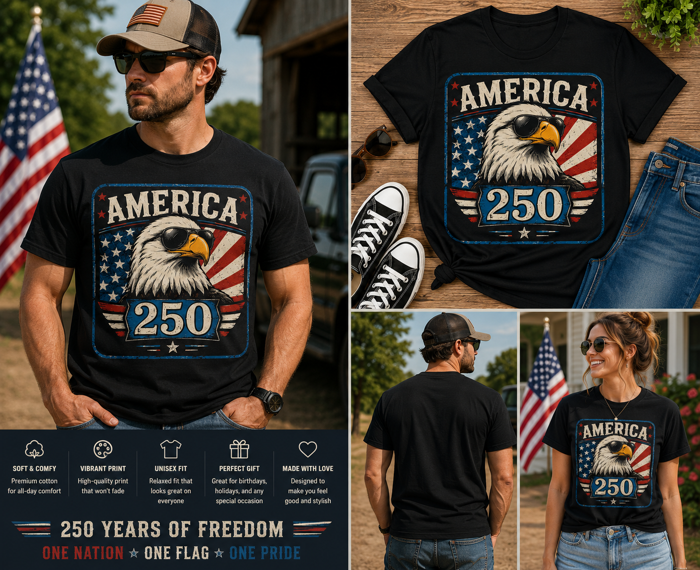 America 250 Eagle Patriotic T-Shirt – Vintage USA Anniversary Graphic Tee