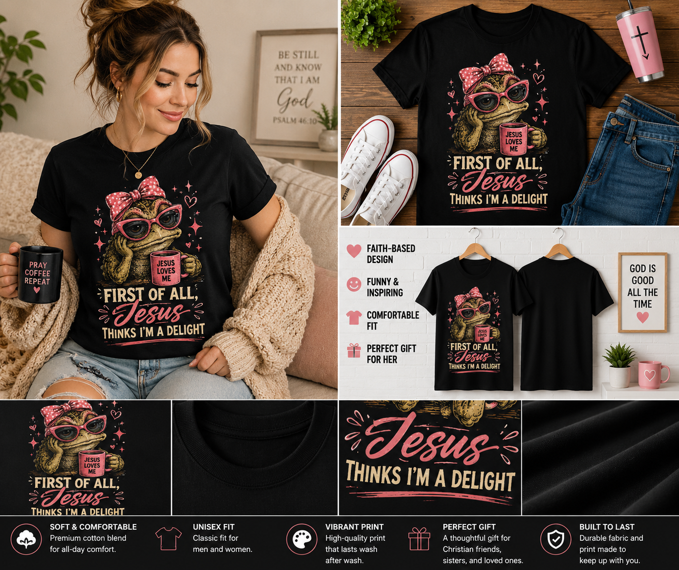 First of All Jesus Thinks I’m a Delight Frog Christian T-Shirt | Cute Pink Bow Faith-Based Coffee Lover Graphic Tee for Women