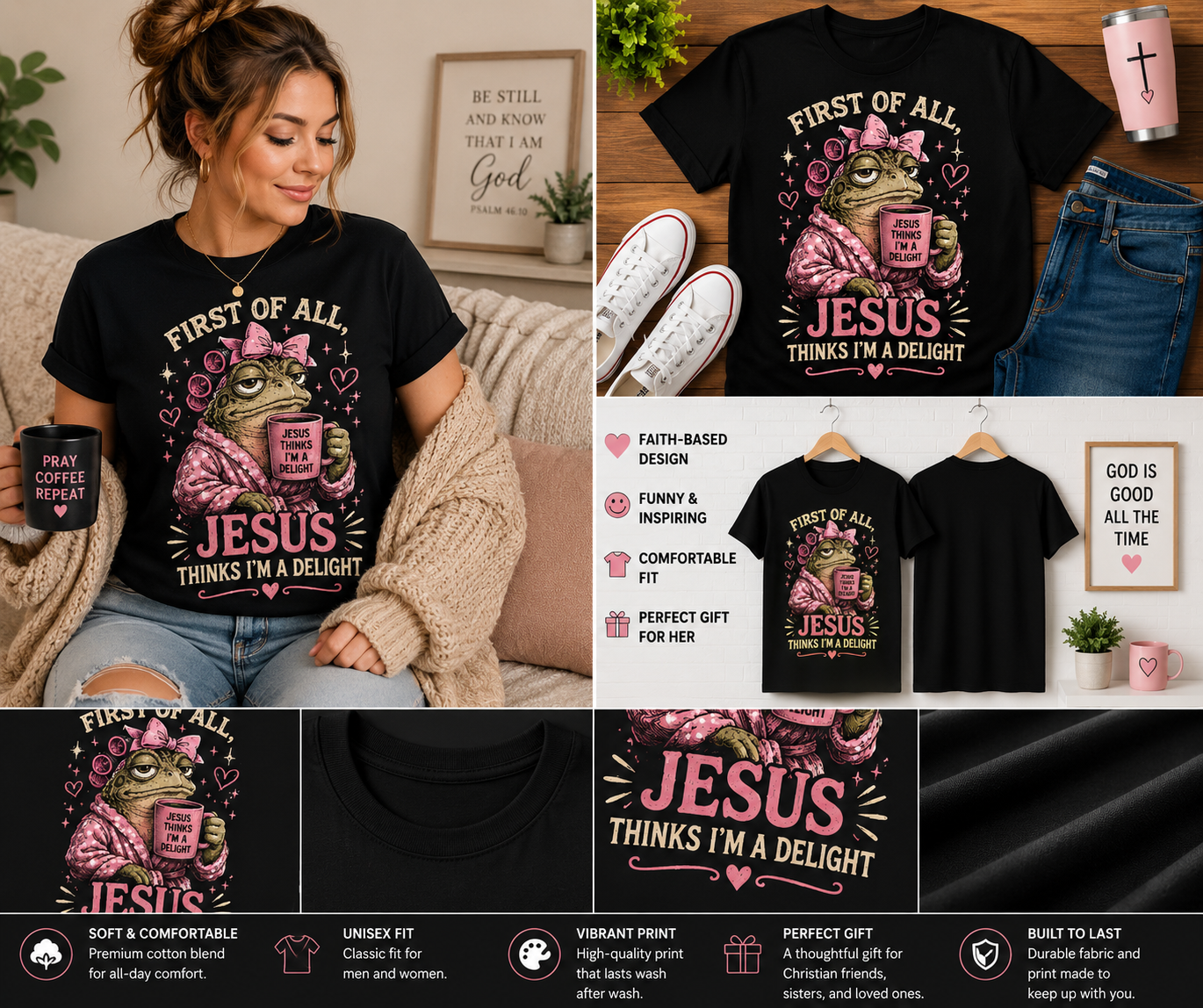 First of All Jesus Thinks I’m a Delight Frog Christian T-Shirt | Cute Pink Pajama Frog Faith-Based Coffee Graphic Tee for Women
