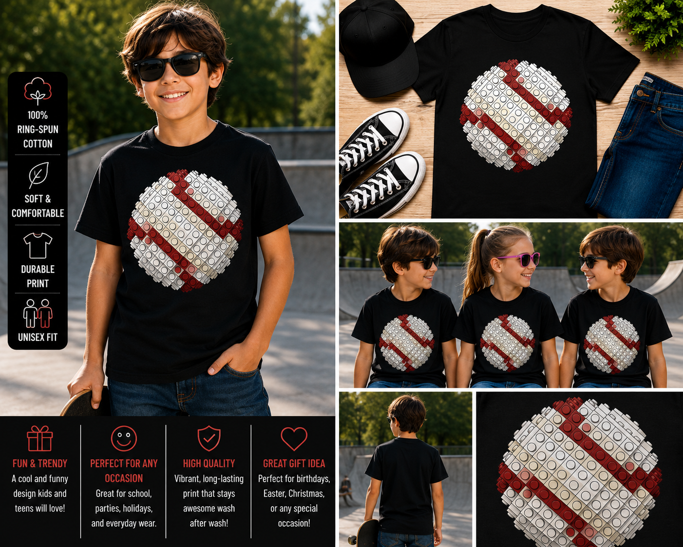 Baseball Brick Style T-Shirt Funny Sports Lover Graphic Tee Unisex Black Shirt