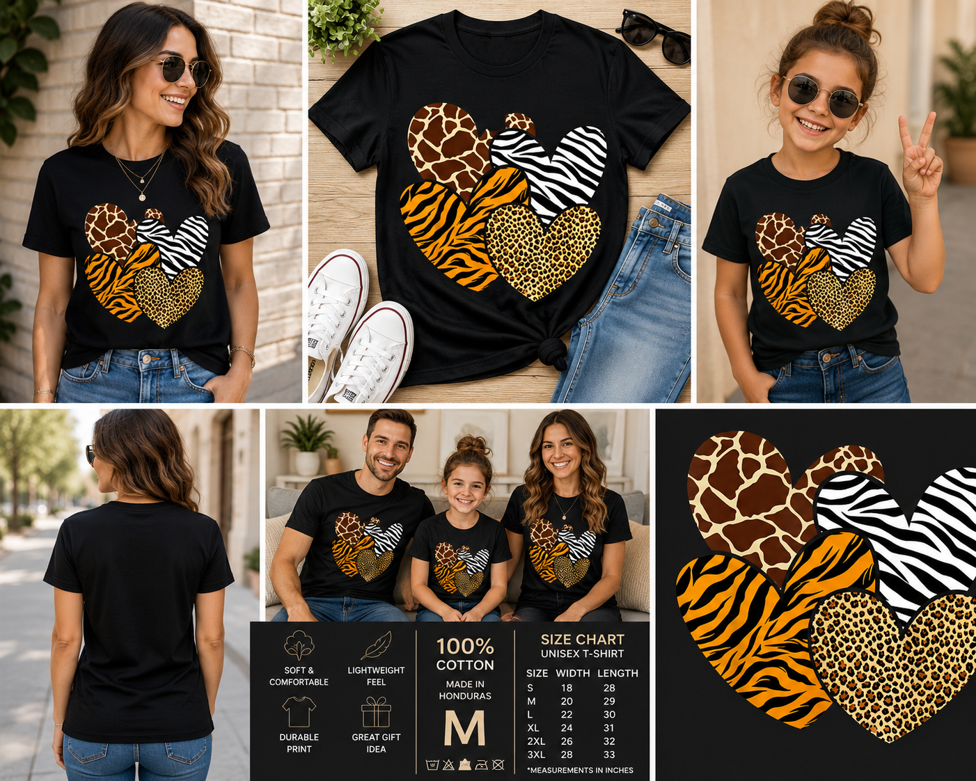 Girls Animal Print Heart Shirt, Leopard Zebra Tiger Giraffe Heart Tee, Cute Safari Graphic T-Shirt, Trendy Animal Lover Shirt for Girls