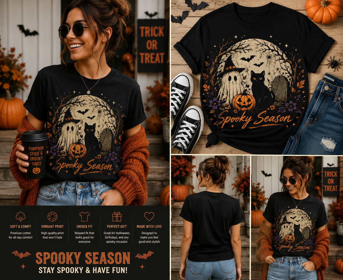 Spooky Season Ghost & Black Cat Halloween T-Shirt – Vintage Pumpkin Fall Graphic Tee