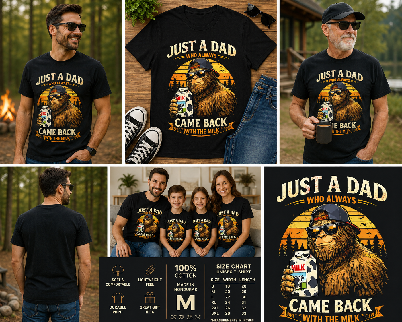 Funny Bigfoot Dad Shirt, Just A Dad Who Always Came Back With The Milk Tee, Sasquatch Father’s Day Shirt, Retro Bigfoot Papa Graphic T-Shirt