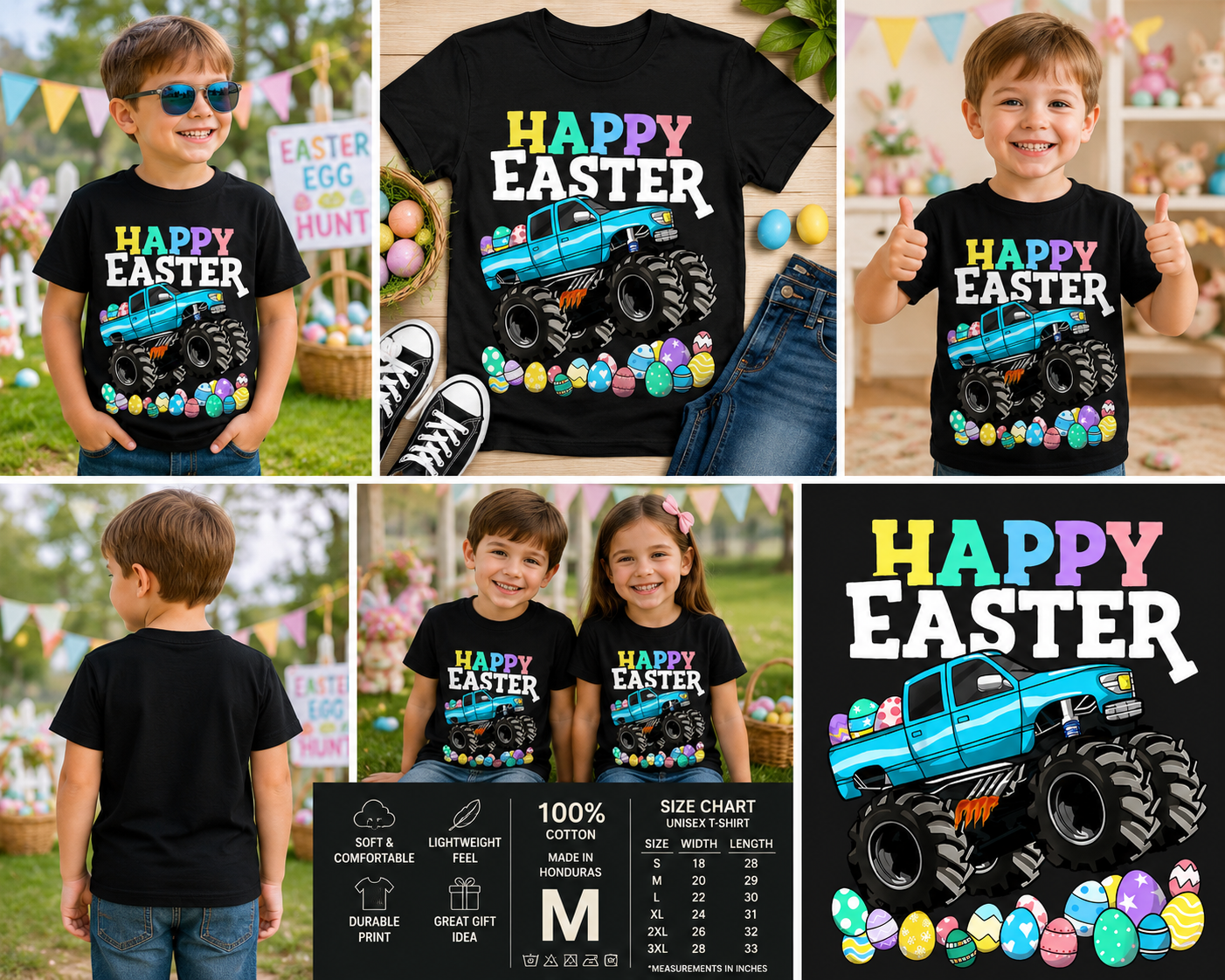 Happy Easter Monster Truck Easter Eggs Kids T-Shirt – Cute Offroad Truck Bunny Holiday Tee for Boys & Girls