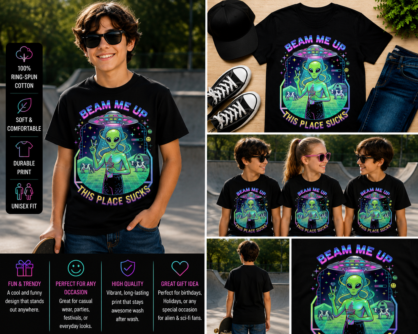 Beam Me Up This Place Sucks Shirt Funny Alien UFO Retro Sci-Fi Graphic T-Shirt