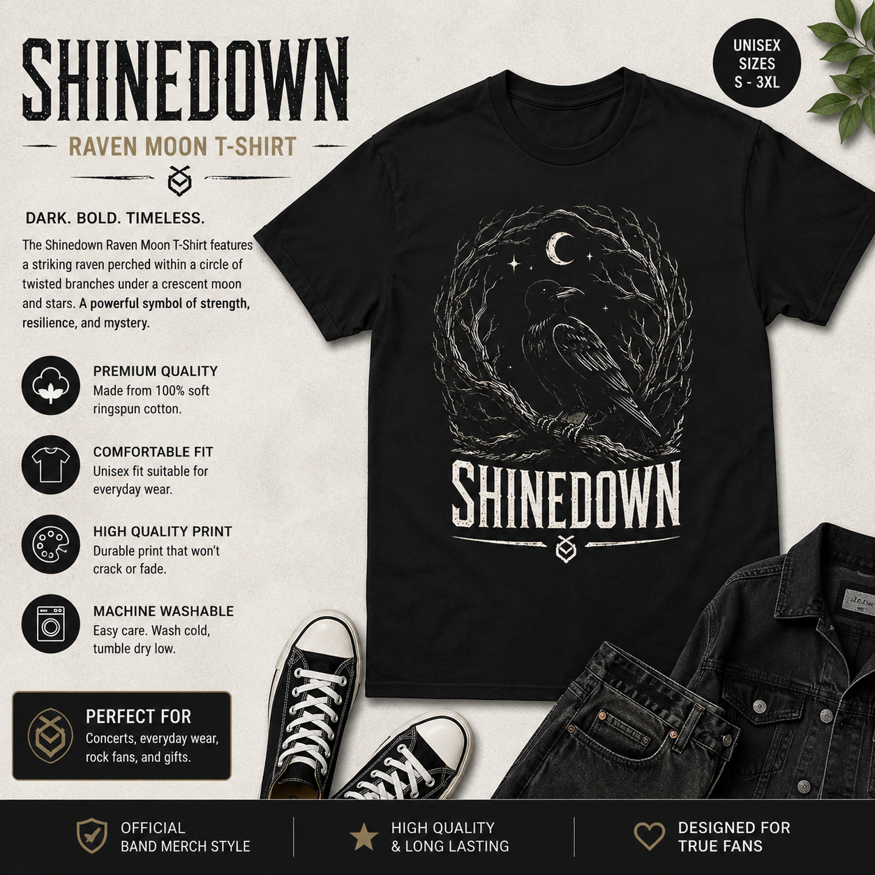 Shinedown Raven Moon Graphic T-Shirt – Gothic Rock Band Inspired Unisex Black Tee