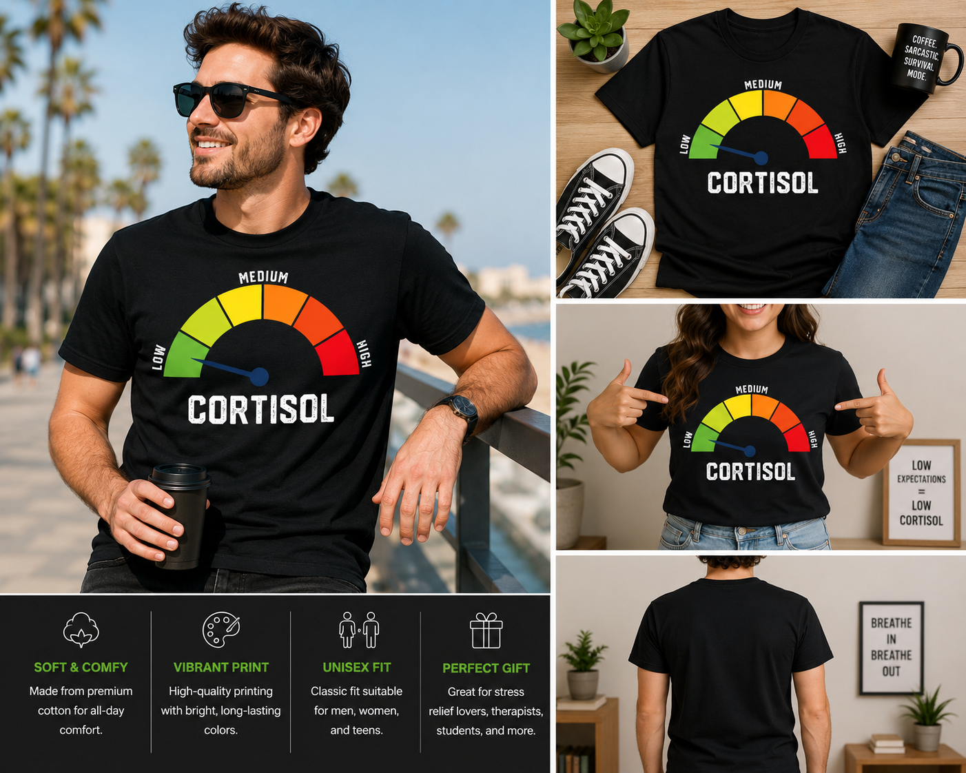 Low Cortisol Meter Funny Stress Relief T-Shirt | Humor Mental Health Graphic Tee