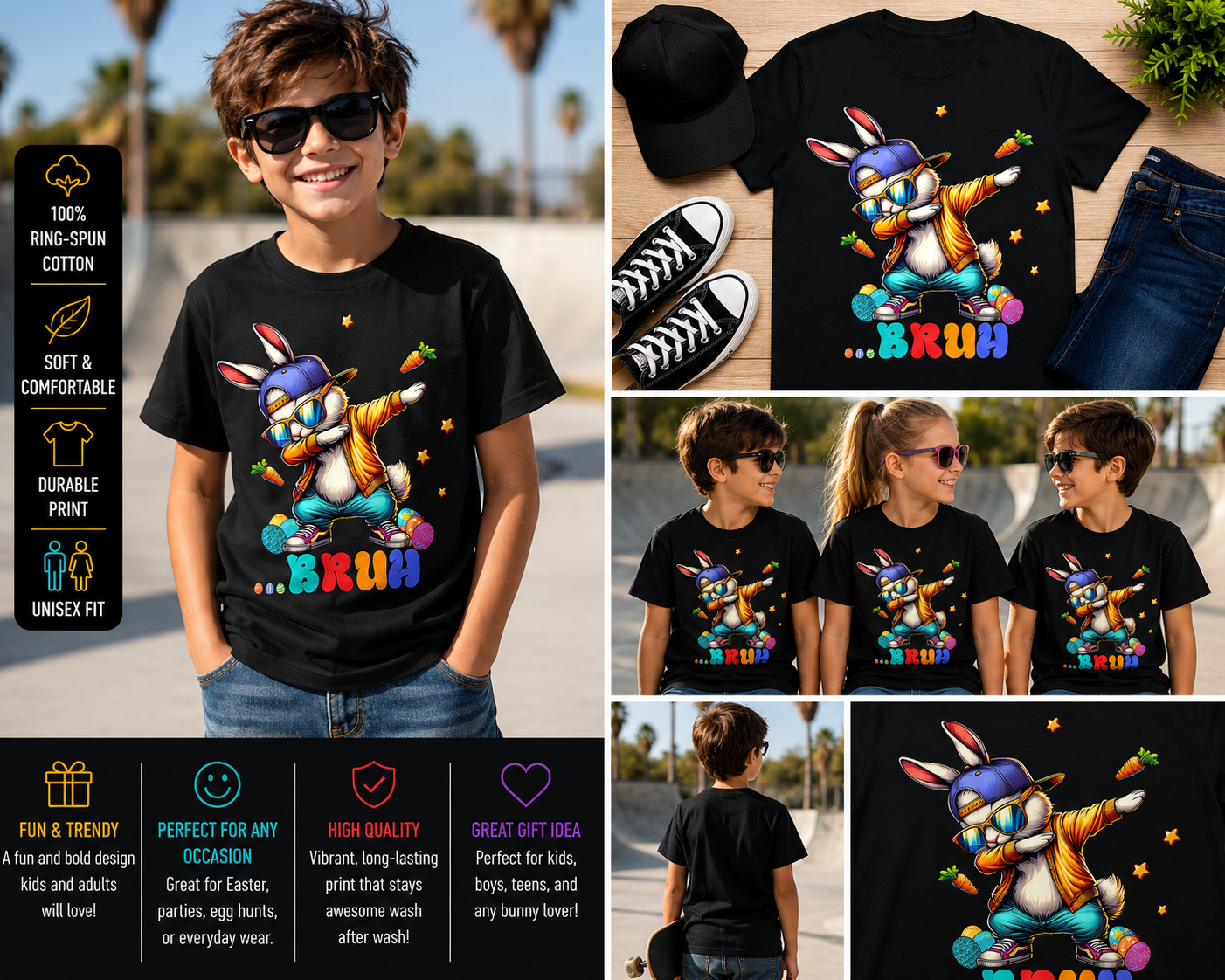 Bruh Dab Bunny Easter Shirt Funny Easter Rabbit Graphic T-Shirt for Kids Boys Men
