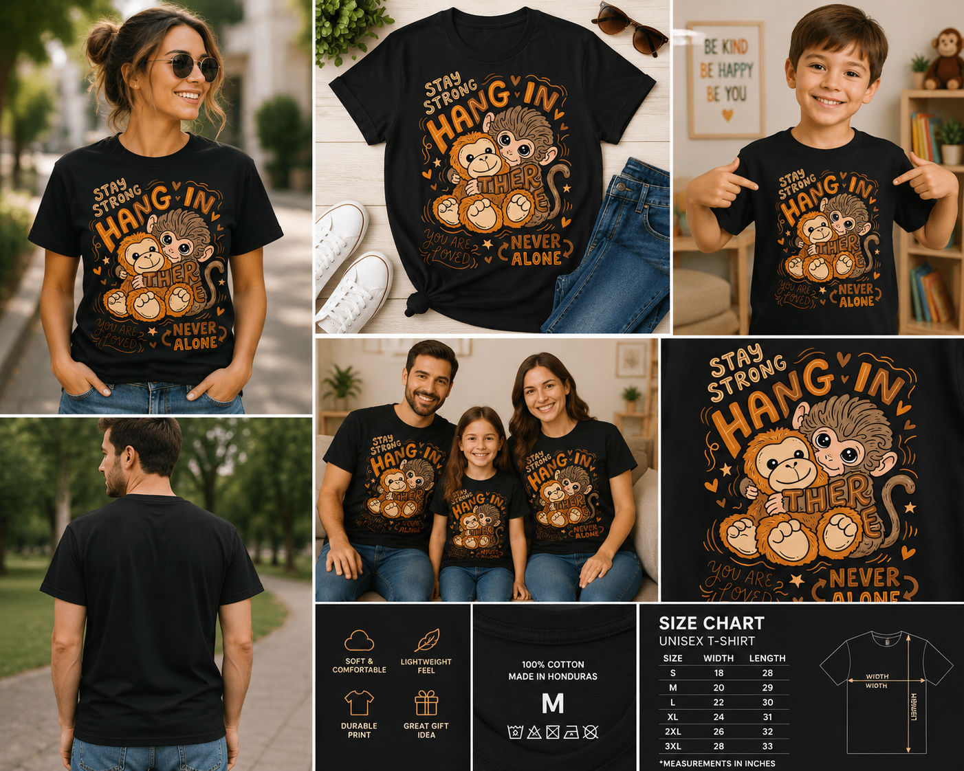Stay Strong Hang In There Monkey Hug T-Shirt – Cute Motivational Animal Graphic Tee for Kids & Adults