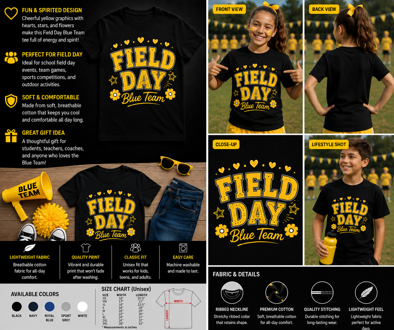 Field Day Blue Team Cute Yellow Floral School Spirit T-Shirt