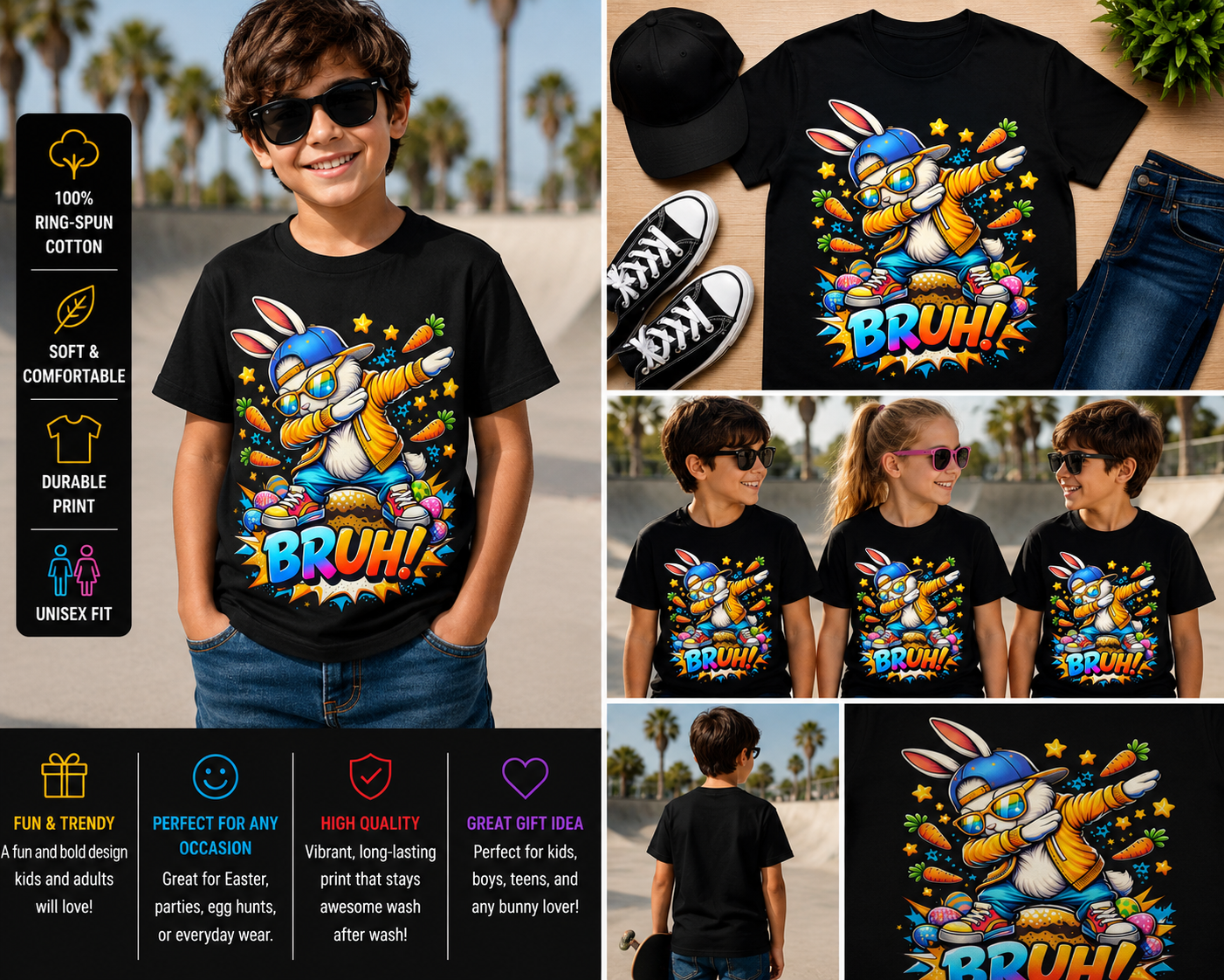 Bruh Dab Bunny Easter Shirt Funny Dabbing Rabbit Graphic T-Shirt for Kids Boys Men