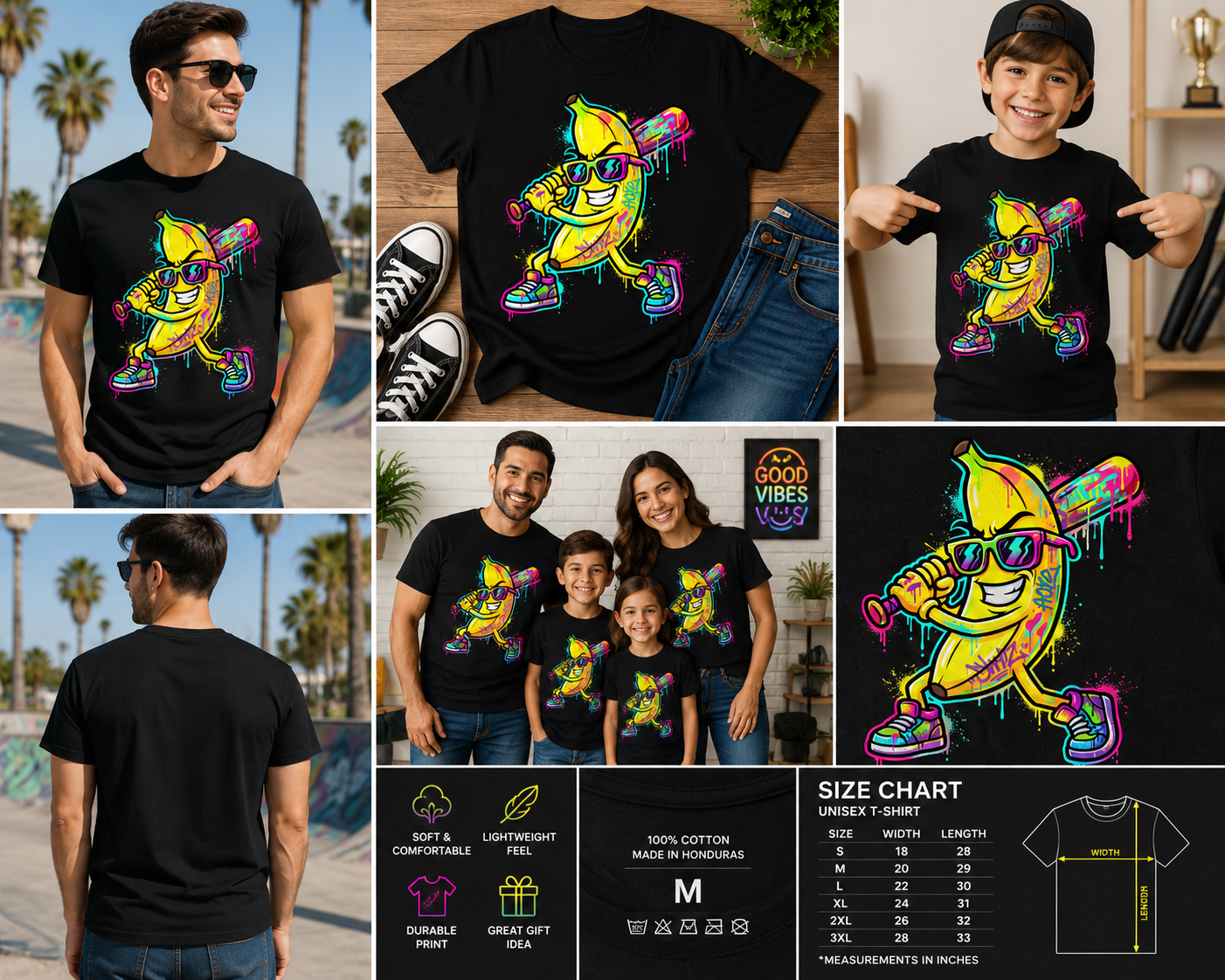Funny Banana Baseball Player T-Shirt – Cool Graffiti Cartoon Banana Graphic Tee for Kids & Adults