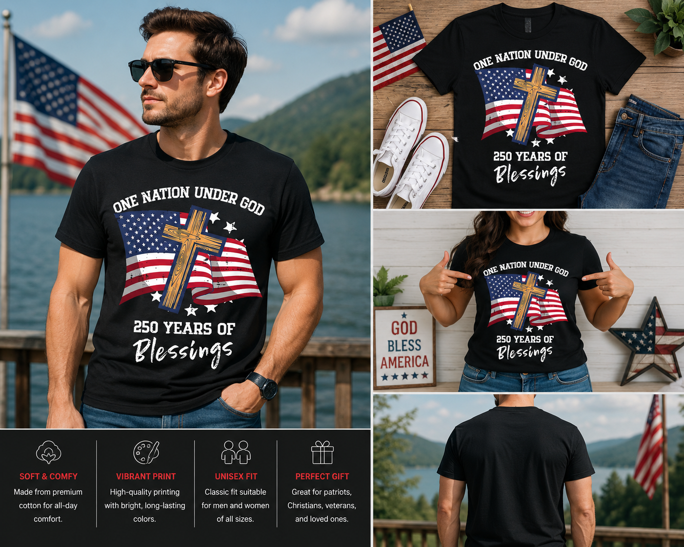 One Nation Under God 250 Years of Blessings T-Shirt | Patriotic Christian USA Graphic Tee