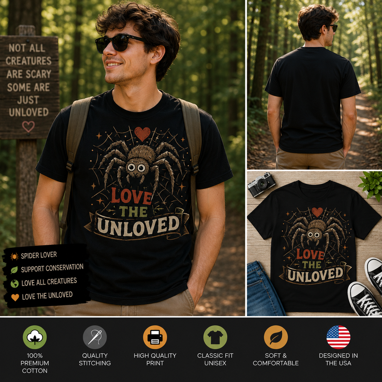 Love The Unloved Spider Shirt – Cute Spider Lover Graphic Tee, Funny Arachnid Conservation T-Shirt