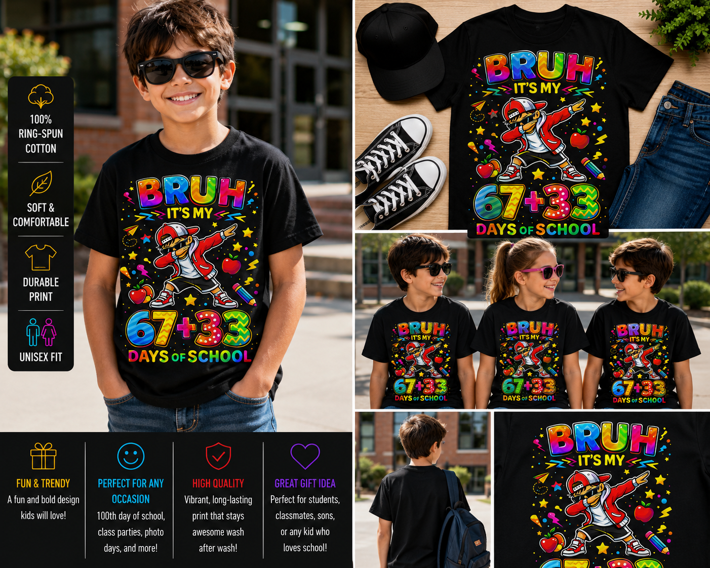 Bruh It’s My 67+33 Days of School Shirt Funny Kids 100th Day School T-Shirt