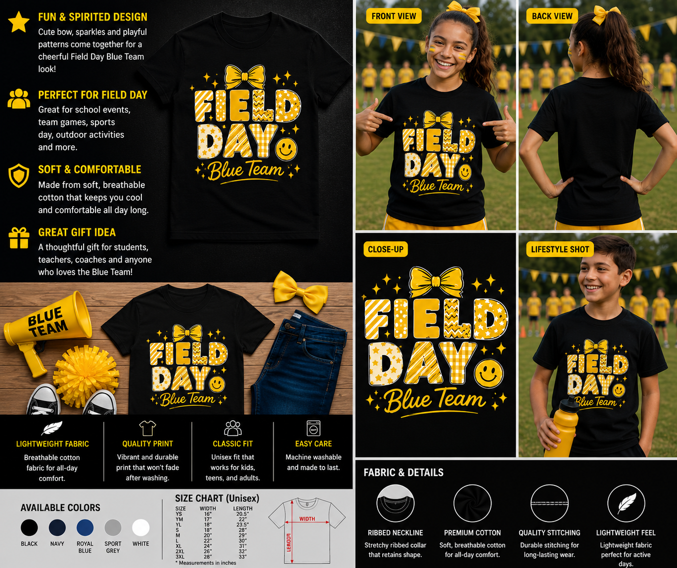 Field Day Blue Team Cute Yellow Bow School Spirit T-Shirt